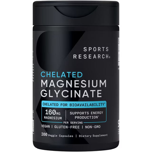 Sports Research Chelated Magnesium Glycinate 160mg, 200 Veggie Capsules