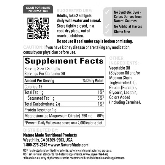 Nature Made Magnesium Citrate 250 mg., 180 Softgels