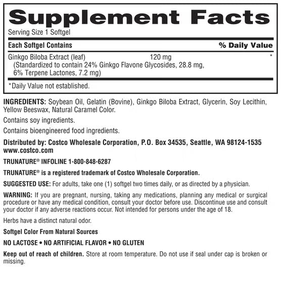 Trunature Ginkgo Biloba 120mg, 340 Softgels