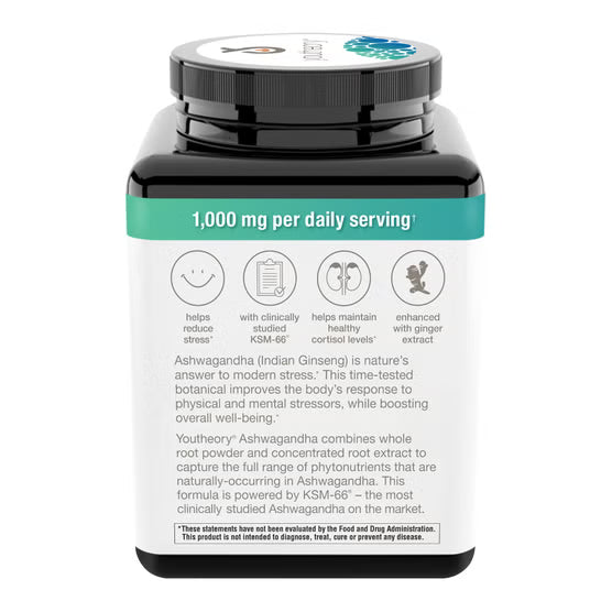 youtheory Ashwagandha 1000 mg, 180 Vegetarian Capsules
