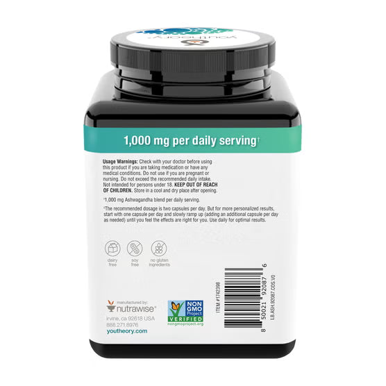 youtheory Ashwagandha 1000 mg, 180 Vegetarian Capsules