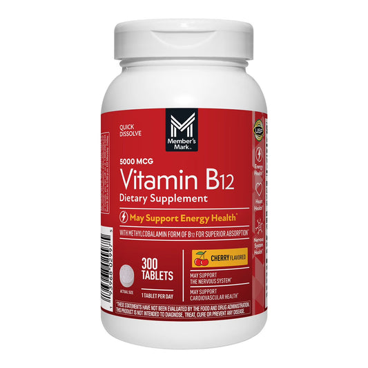 Member's Mark Vitamin B12 Quick Dissolve Tablets, 5000 mcg, Cherry, 300 ct.
