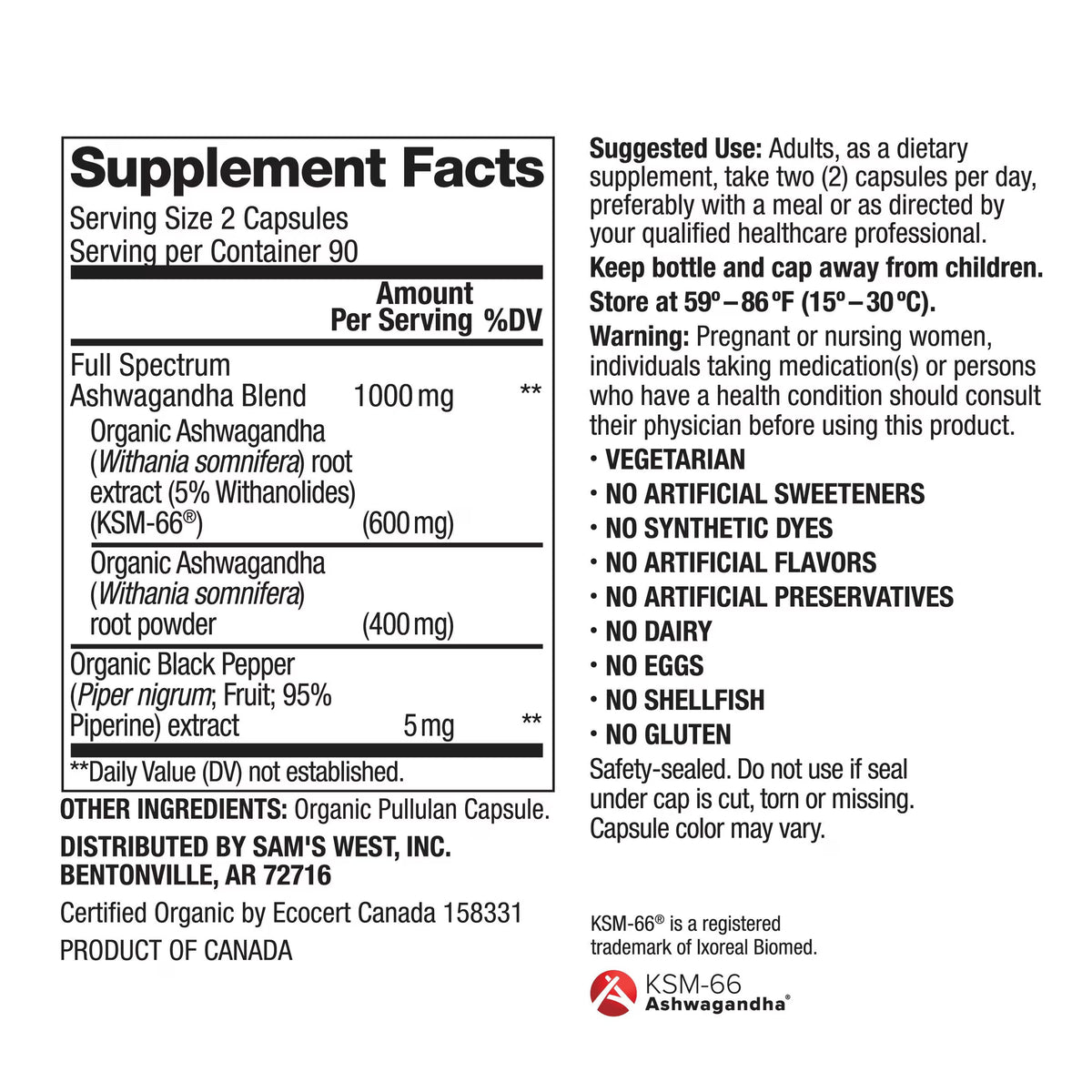 Member's Mark Organic Ashwagandha 1000 mg Vegetarian Capsules, 180 ct.