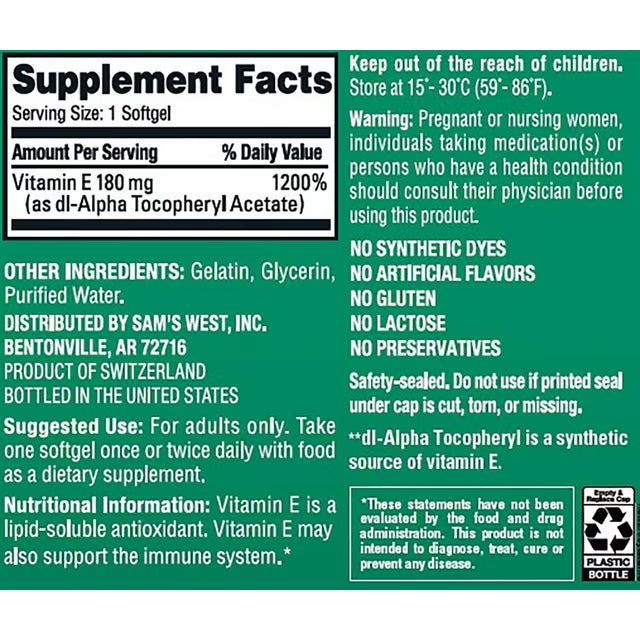 Member's Mark Vitamin E Softgels, 180 mg, 500 ct.