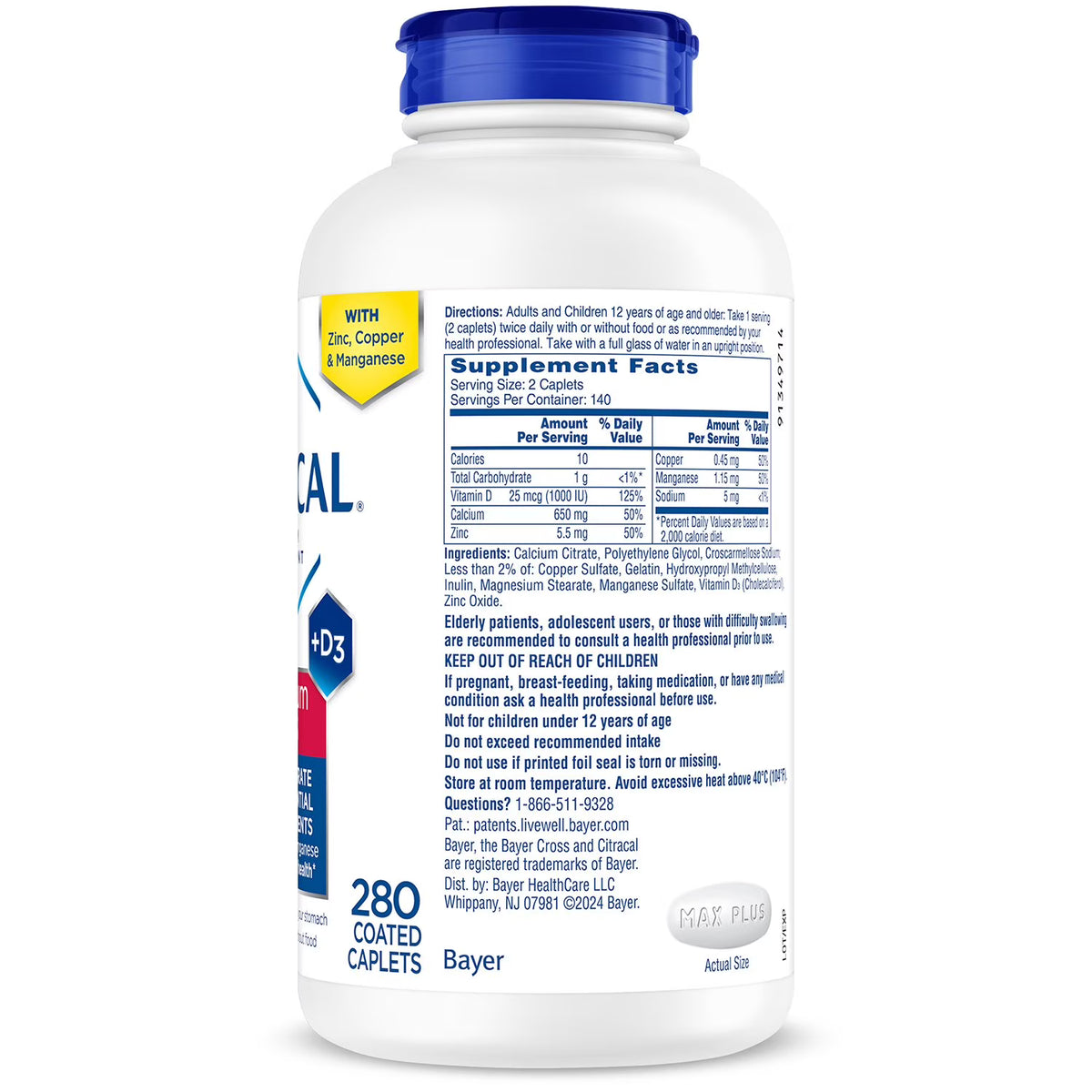 Citracal Maximum Plus, Calcium Citrate +Vitamin D3 Supplement Tablets, 280 ct.