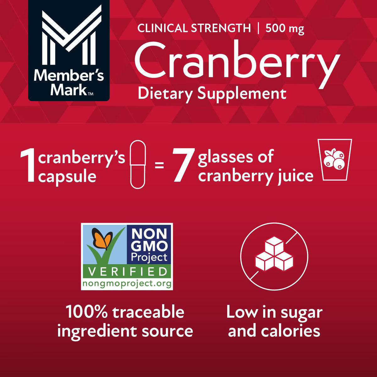 Member's Mark Clinical Strength Cranberry Capsules, 500 mg, 150 ct.