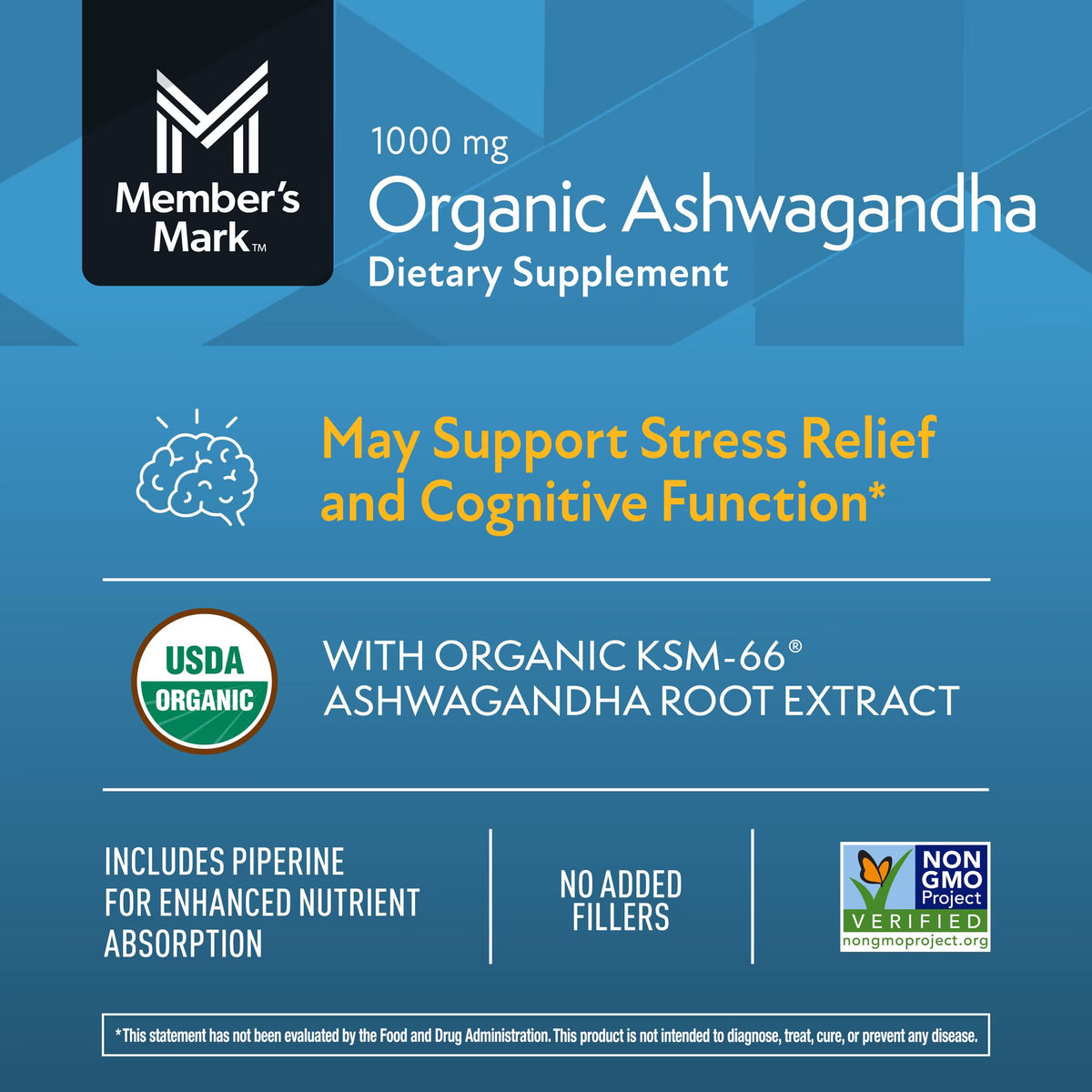 Member's Mark Organic Ashwagandha 1000 mg Vegetarian Capsules, 180 ct.