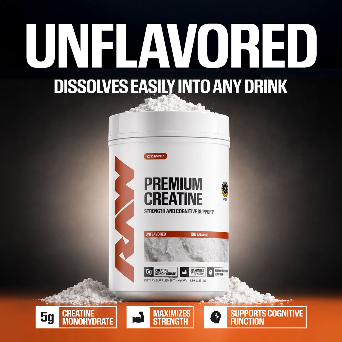 RAW Nutrition Creatine Monohydrate Powder, Unflavored, 510g 100 Servings
