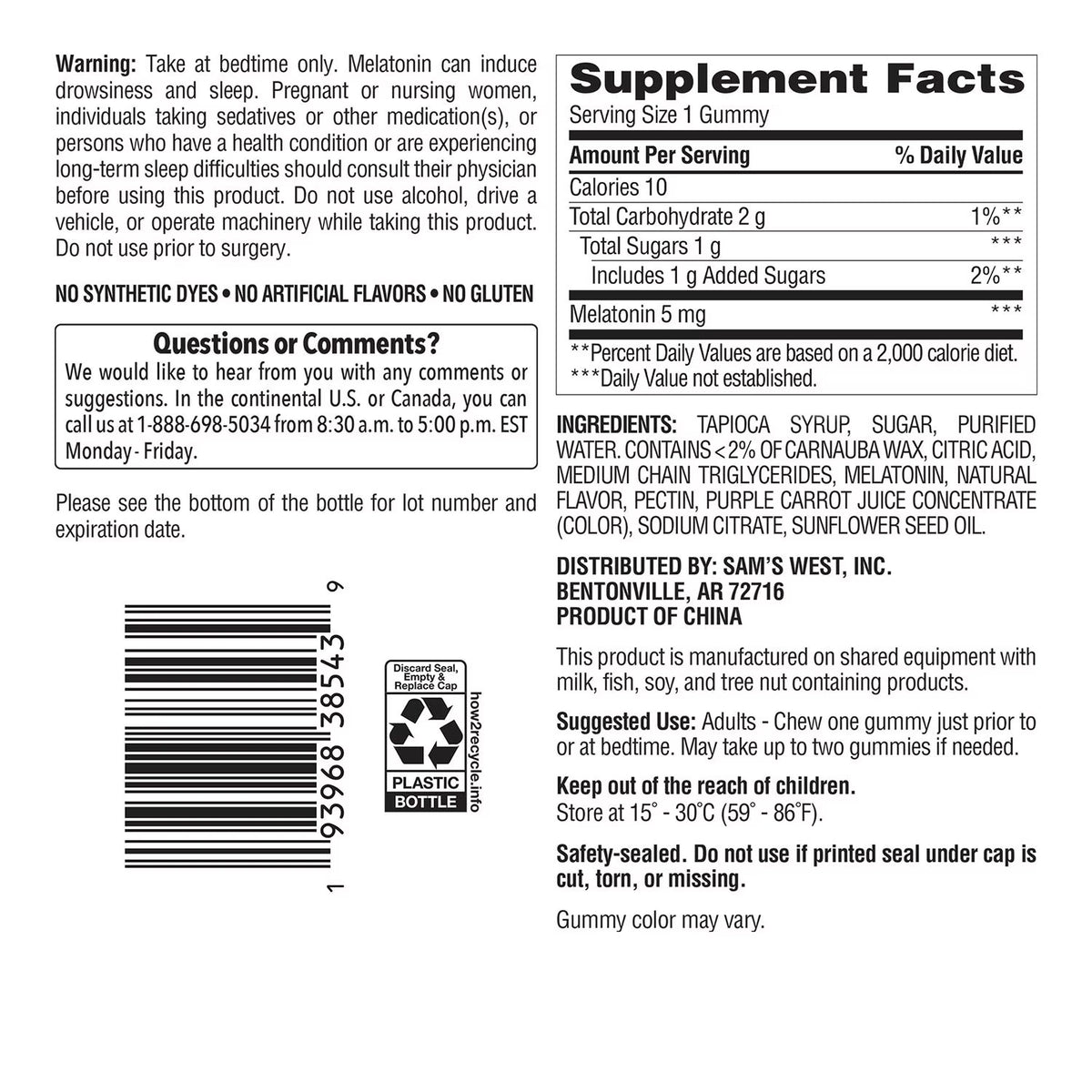 Member's Mark Melatonin Gummies, 5 mg, Strawberry, 200 ct.