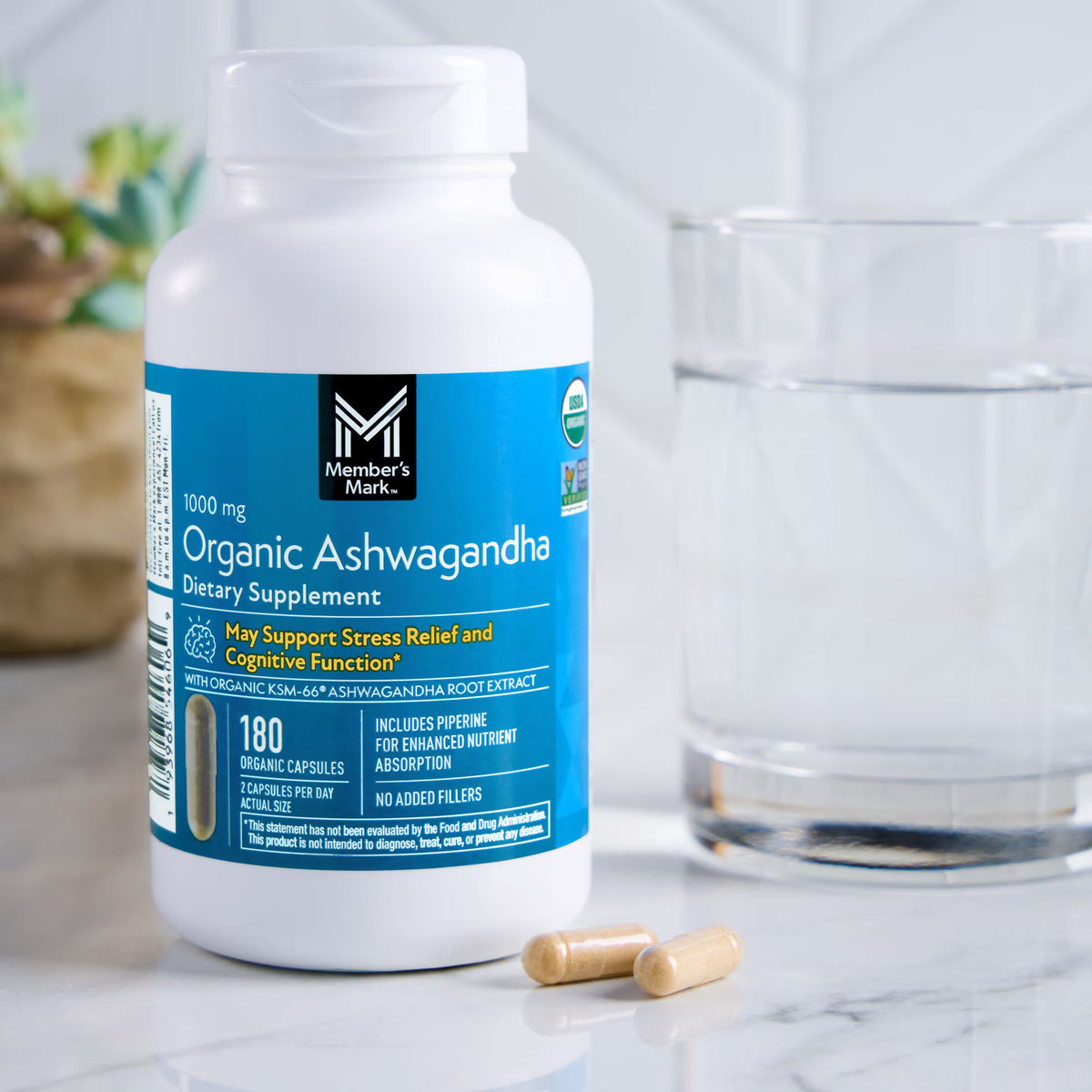 Member's Mark Organic Ashwagandha 1000 mg Vegetarian Capsules, 180 ct.
